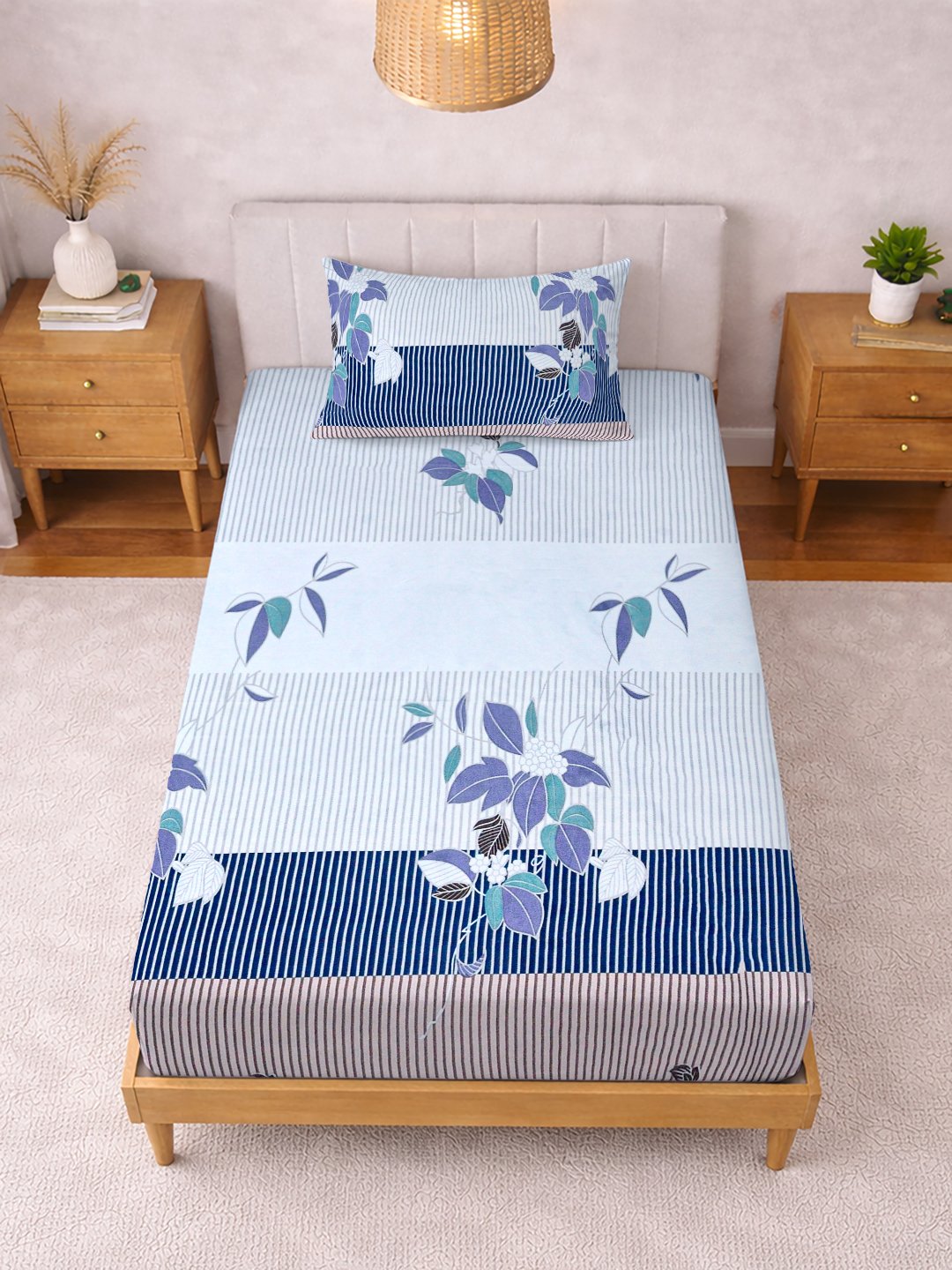 Multi Floral Cotton Blend Fitted Single Bedsheet with Pillow Cover