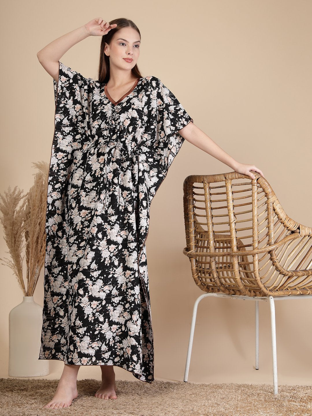 Black Floral Cotton Blend Kaftan Maxi Nightdress
