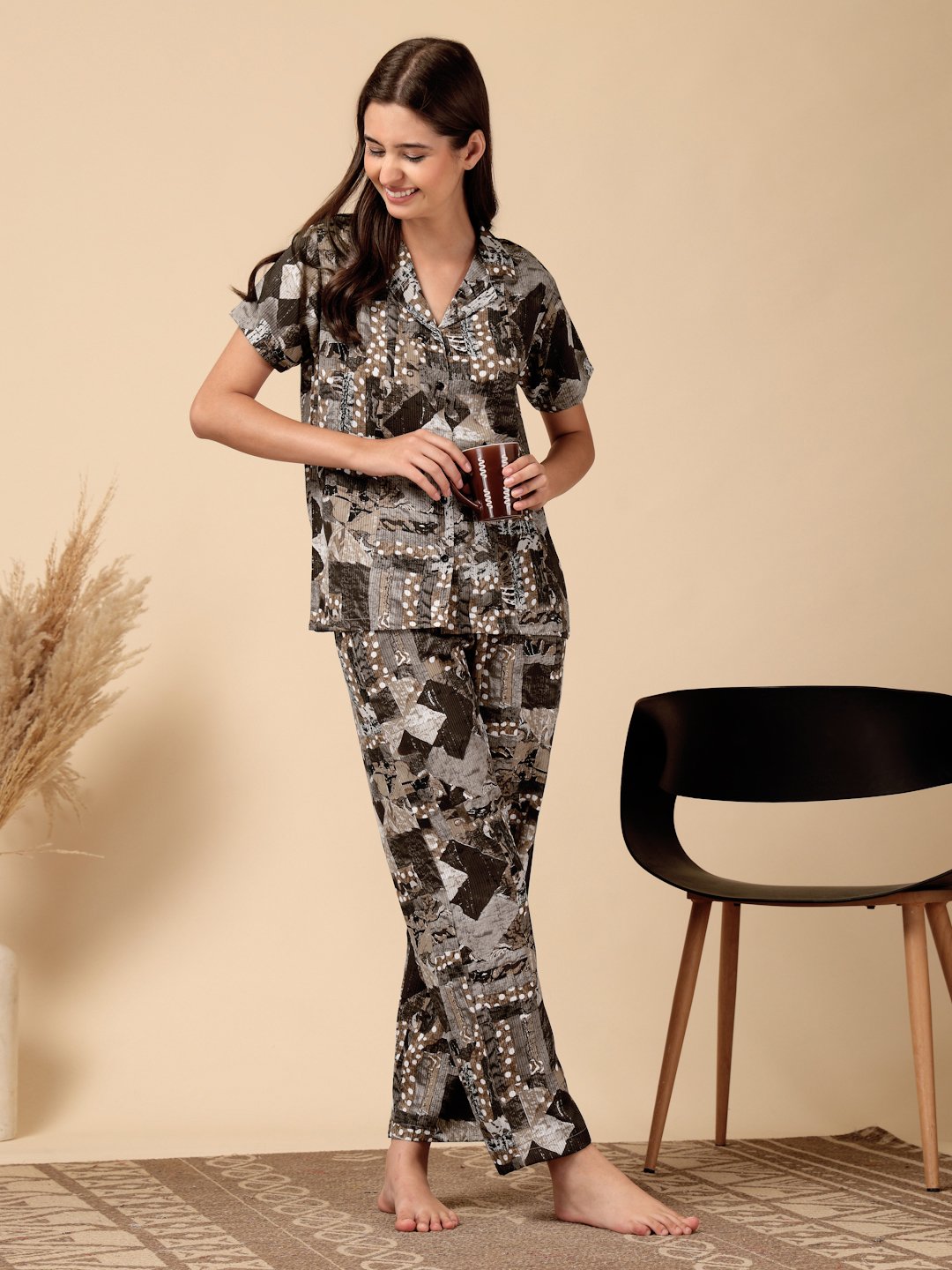 Brown Geometric Cotton Blend Women Night Suit