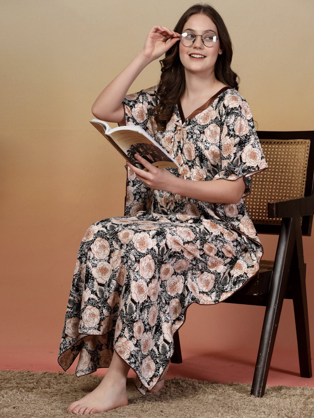 Black Floral Cotton Blend Kaftan Maxi Nightdress