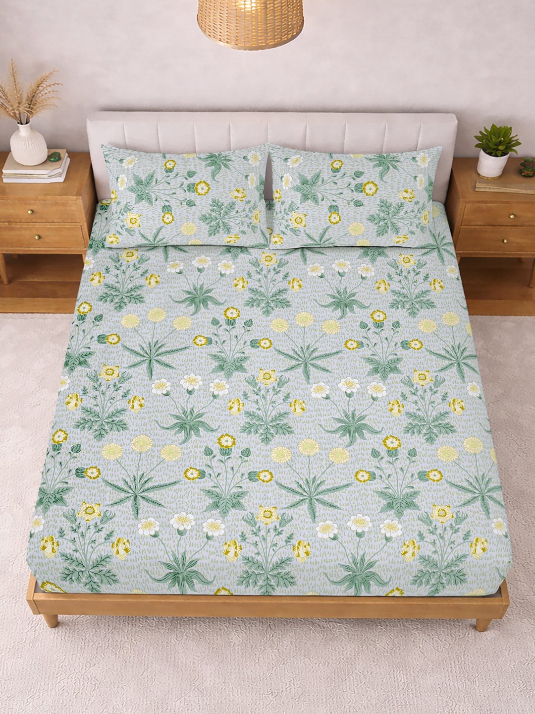 Green Floral Cotton Blend Fitted Double Bedsheet with 2 Pillow Covers