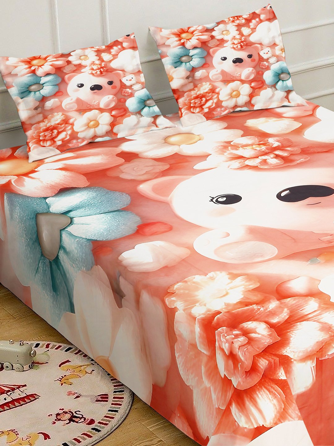 Orange 7D Cartoon Characters Printed Cotton Blend Double Bedsheet with 2 Pillow Covers