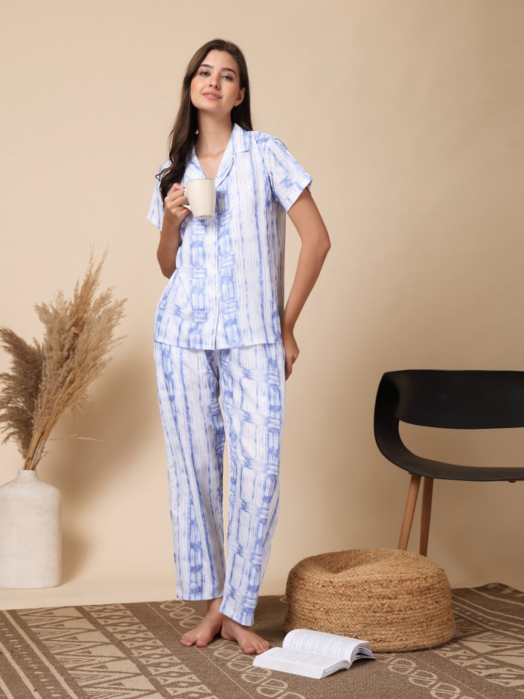 Blue Floral Cotton Blend Women Night Suit