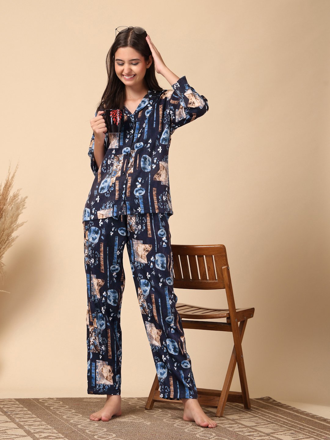 Blue Geometric Cotton Blend Women Night Suit