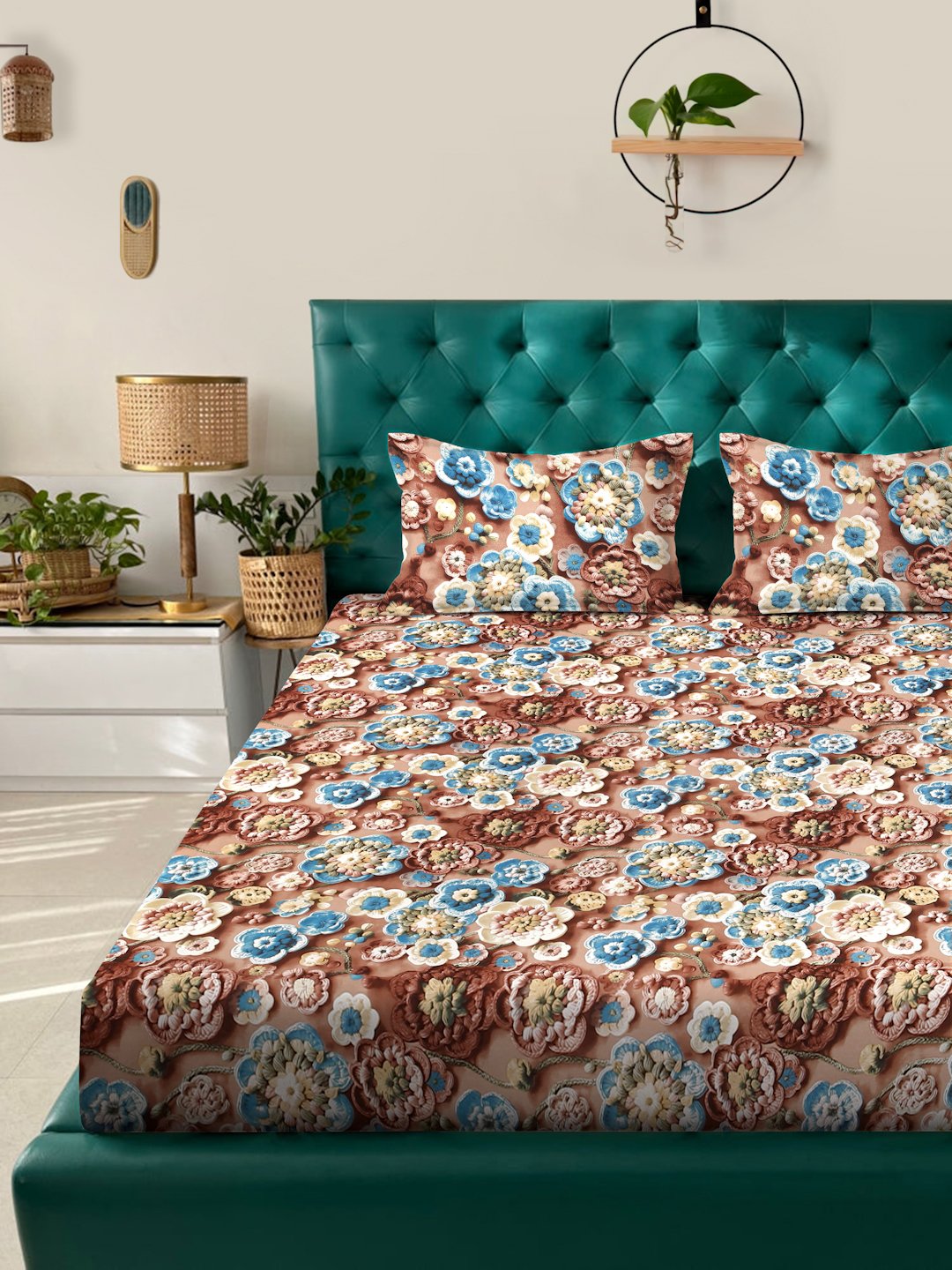 Brown Floral 7D King Size Cotton Blend Fitted Double Bedsheet with 2 Pillow Covers