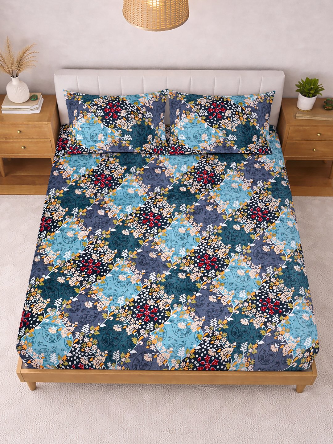 Blue Floral Cotton Blend Double Bedsheet with 2 Pillow Covers