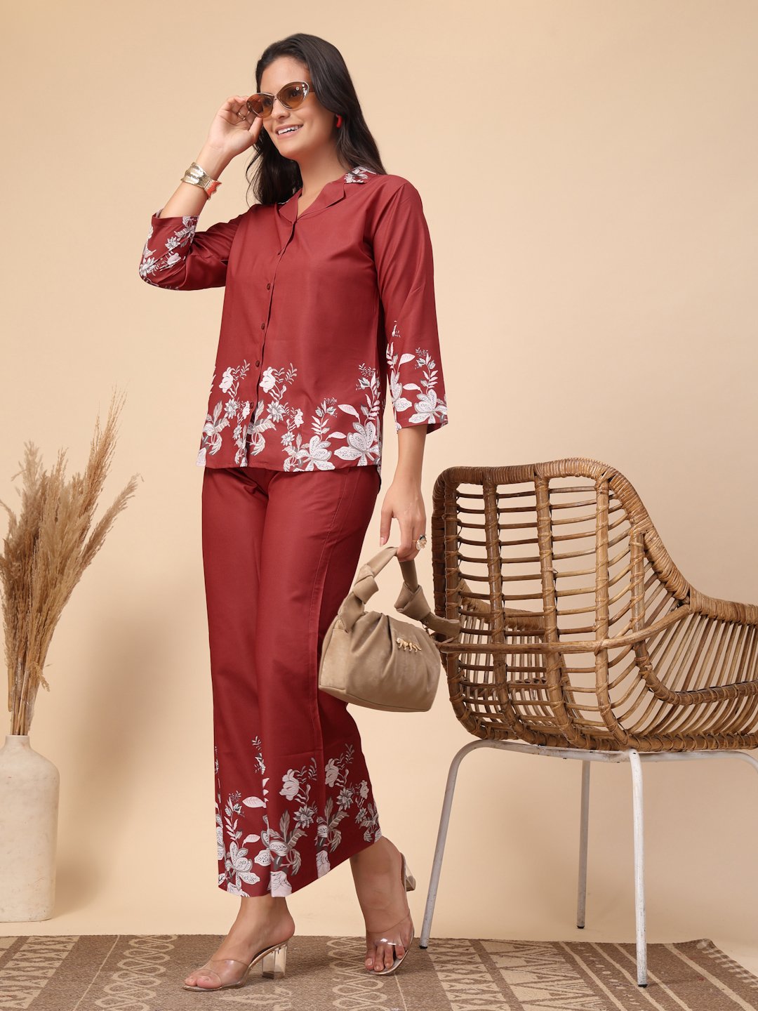 Red Cotton Printed Shirt With Trousers Co-Ords Set