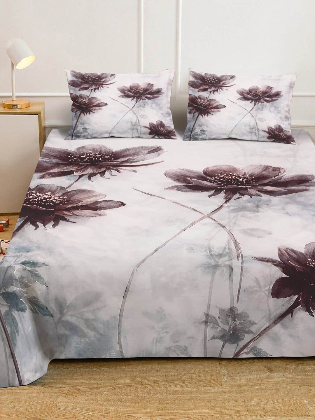 Multi Digital Floral Printed Cotton Blend Double Bedsheet with 2 Pillow Covers