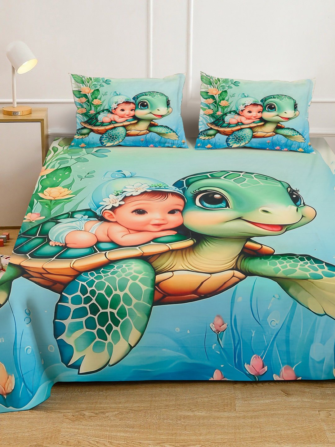 Multi Digital Cartoon Characters Printed Cotton Blend Fitted Double Bedsheet with 2 Pillow Covers