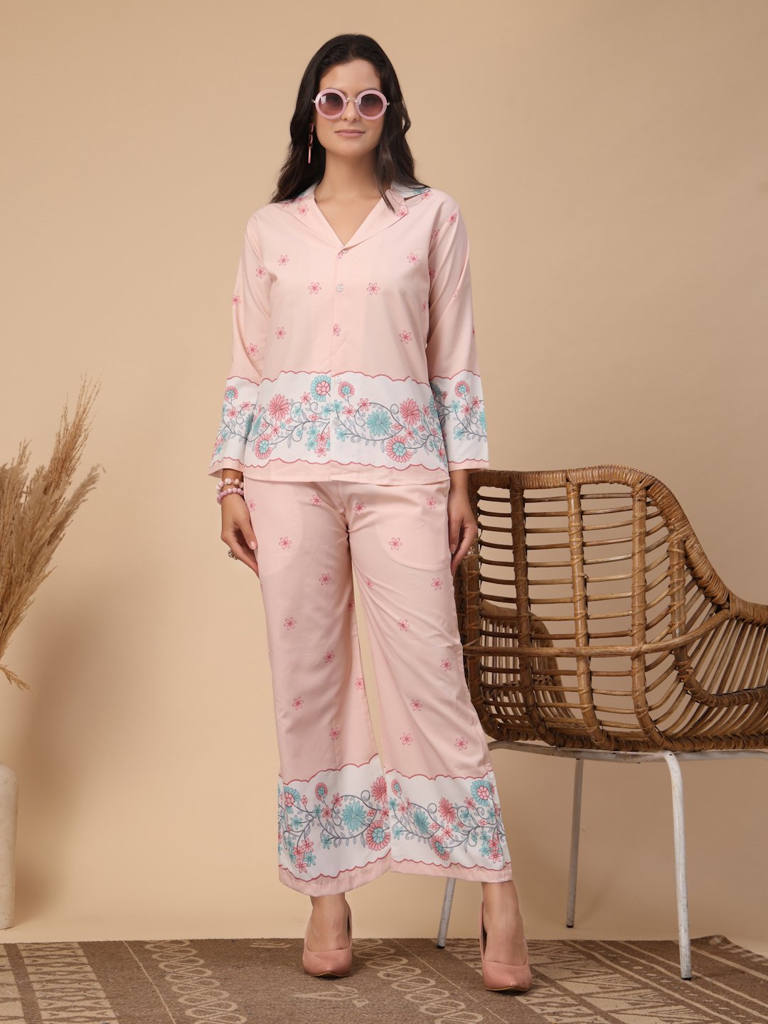 Pink Cotton Printed Shirt With Trousers Co-Ords Set