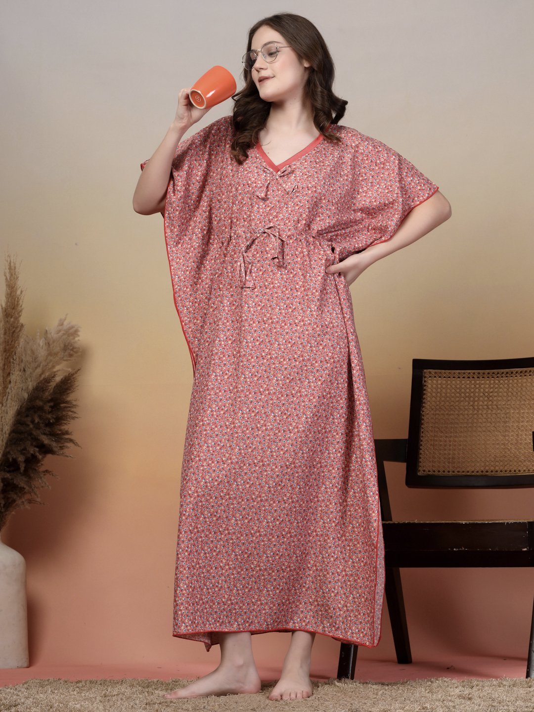 Red Floral Cotton Blend Kaftan Maxi Nightdress