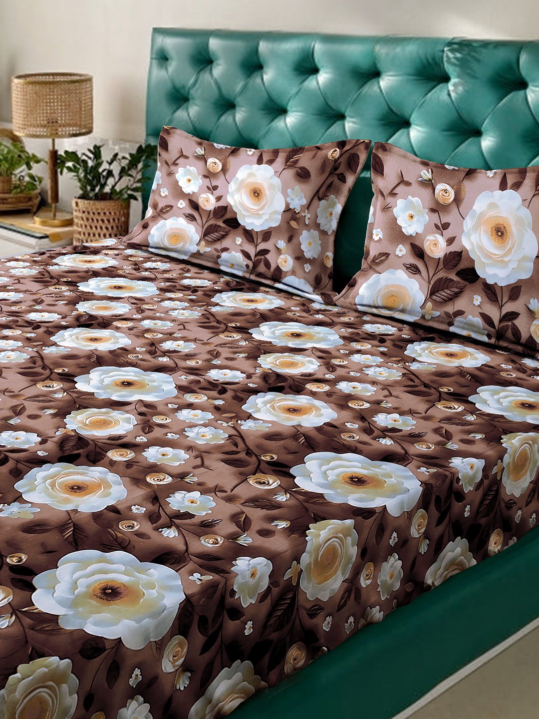 Brown Floral 7D King Size Cotton Blend Fitted Double Bedsheet with 2 Pillow Covers
