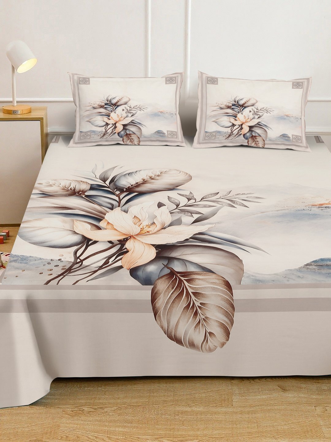 Cream Digital Floral Printed Cotton Blend Fitted Double Bedsheet with 2 Pillow Covers