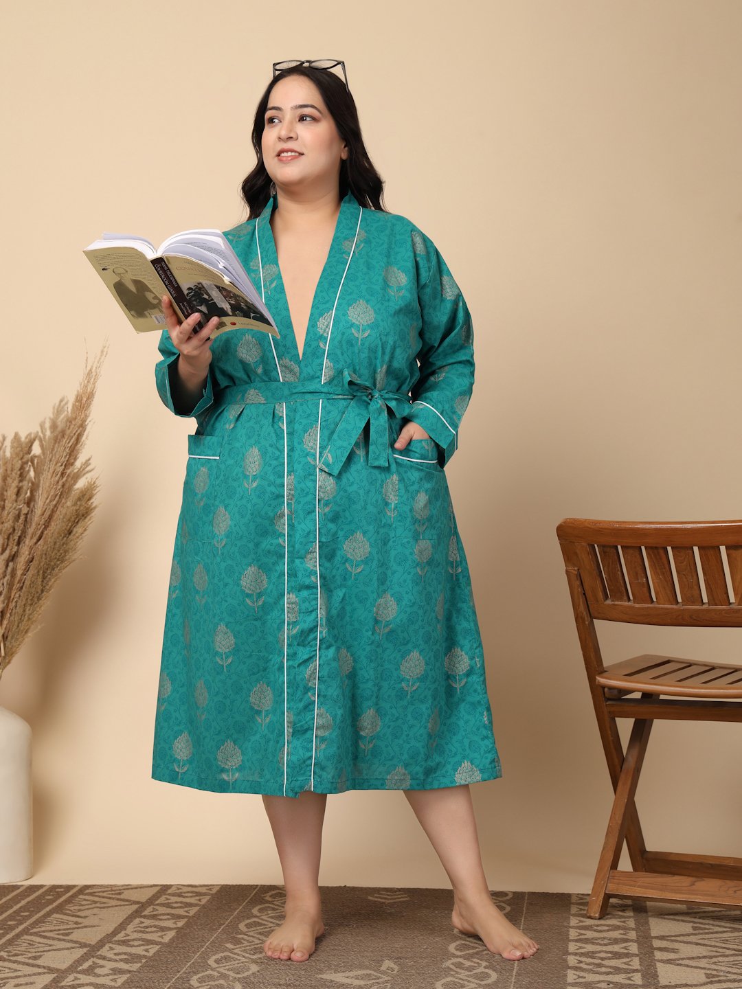 Women Printed Green Floral Plus Size Pure Cotton Bath Robe With Belt