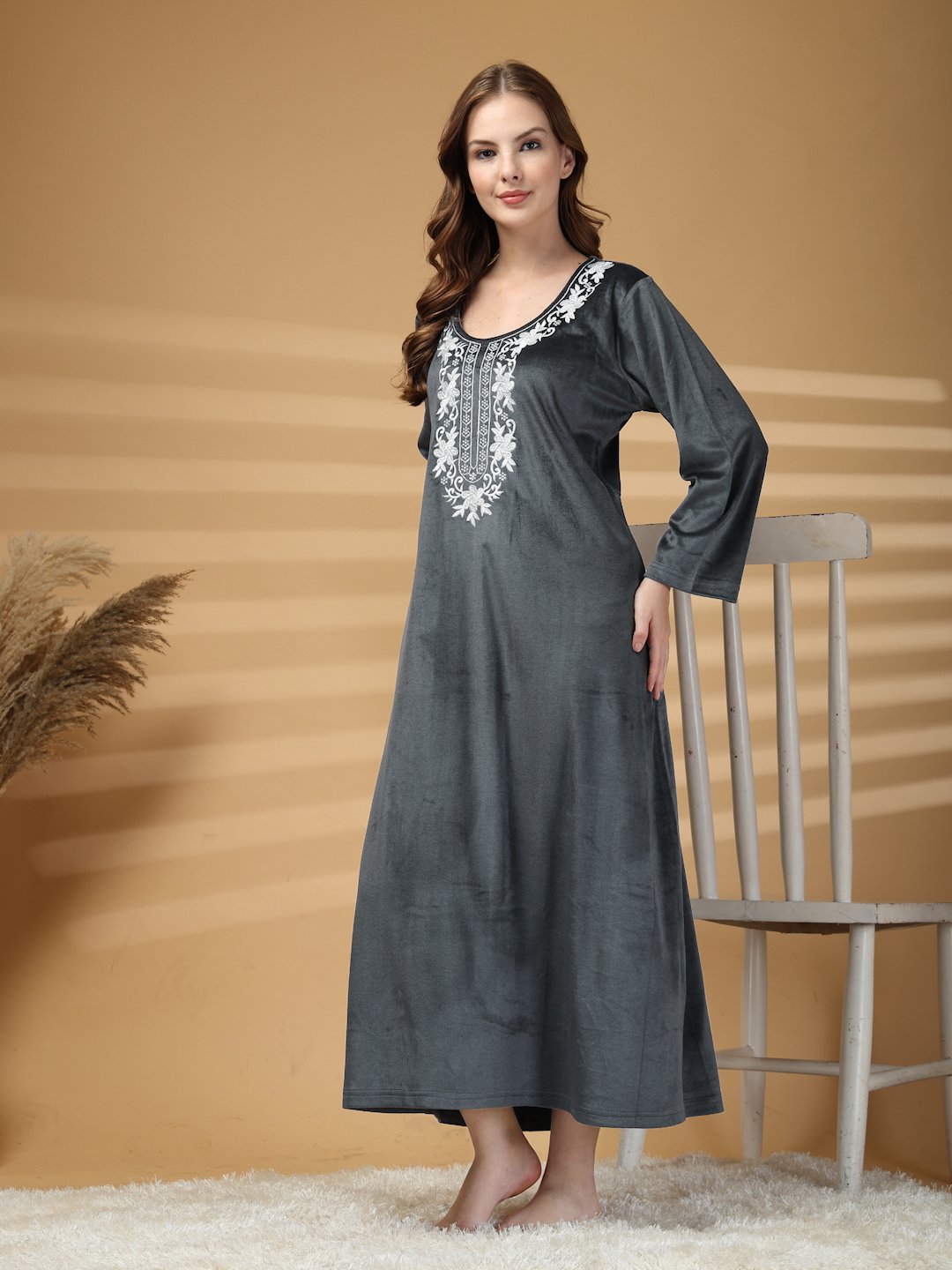 Klotthe Grey Solid Soft touch Velvet Maxi Nightdress