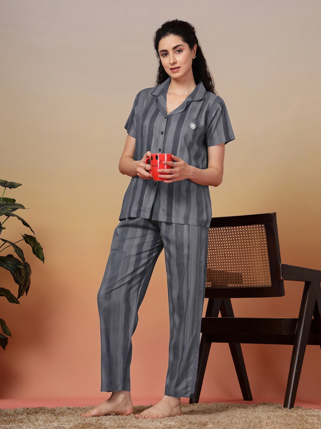Women Grey Striped Pure Cotton Night Suit