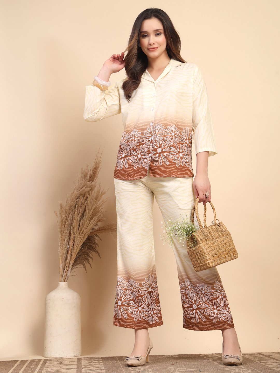 Brown Cotton Printed Shirt With Trousers Co-Ords Set