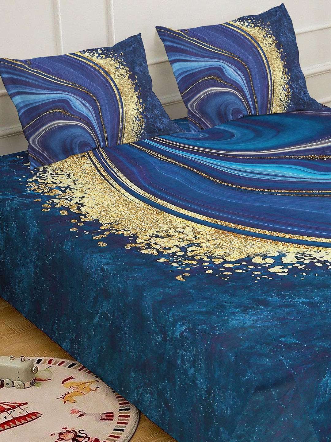 Blue 7D Abstract Printed Fitted Cotton Blend Double Bedsheet with 2 Pillow Covers