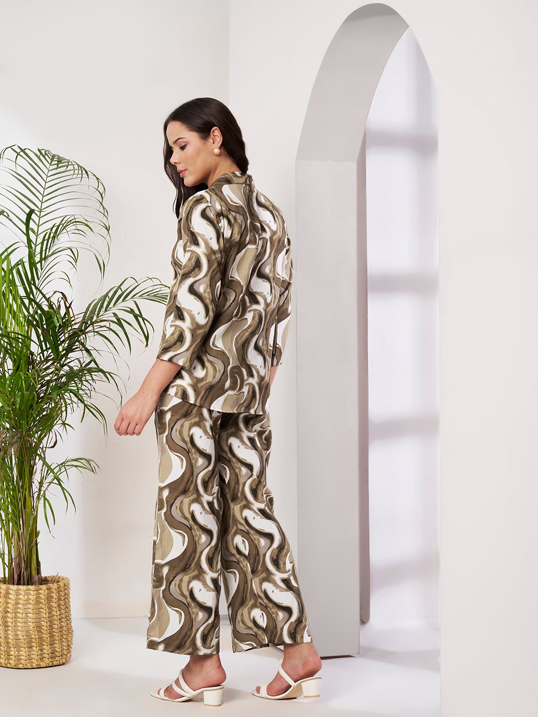 Brown Cotton Printed Shirt With Trousers Co-Ords Set