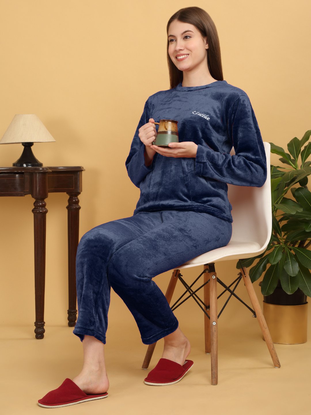 Klotthe Women Blue Solid Woolen Night Suit