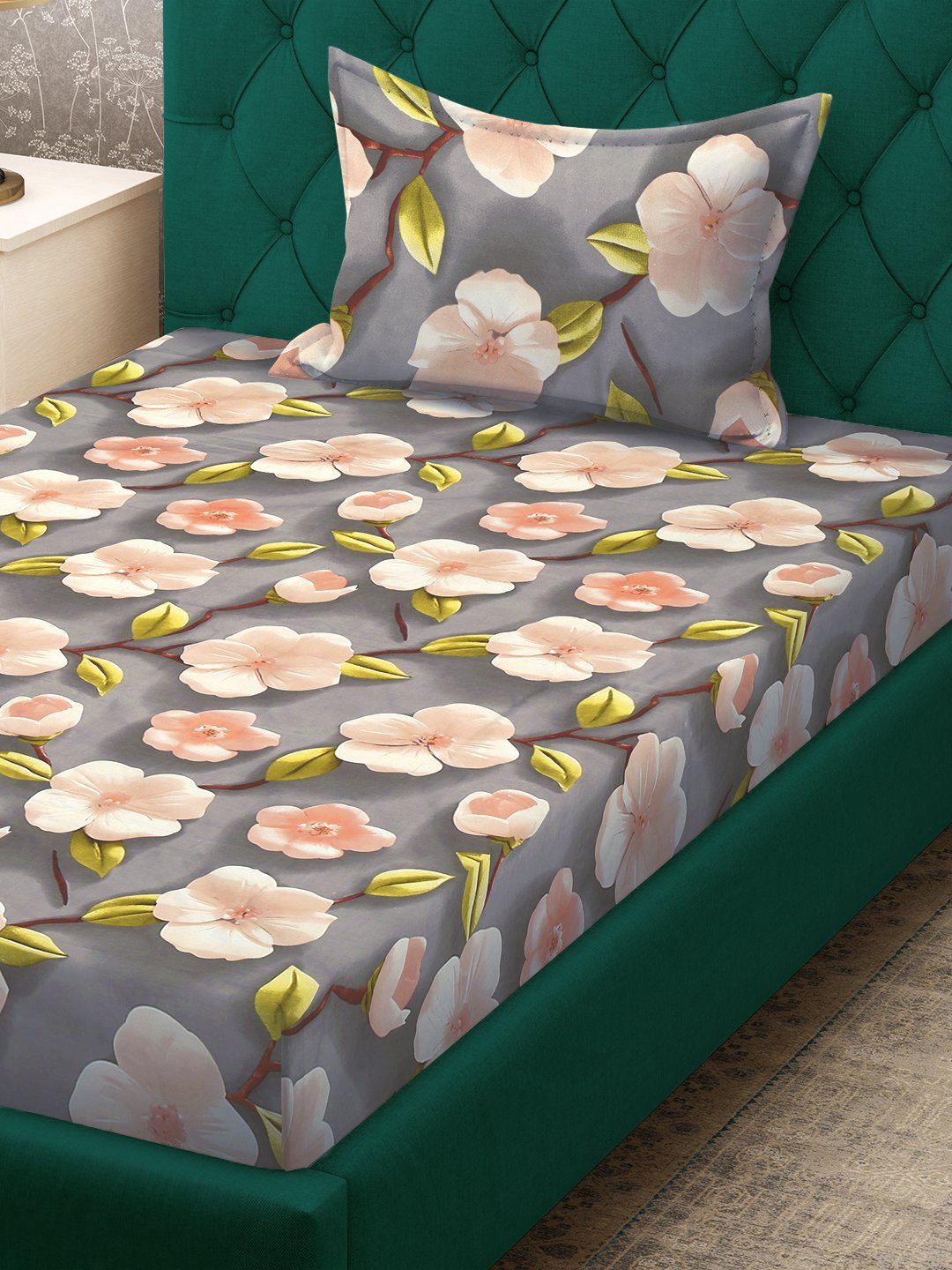 Grey Floral 7D Cotton Blend Single Bedsheet with Pillow Cover