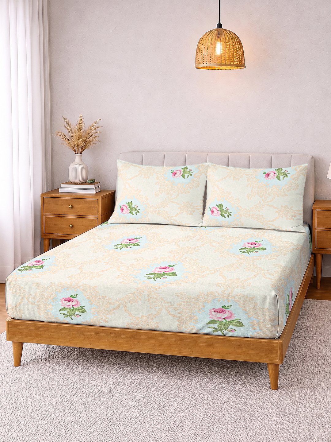 Cream Floral Cotton Blend Double Bedsheet with 2 Pillow Covers
