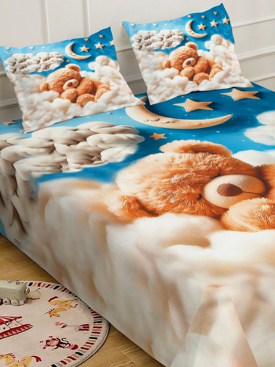 Multi 7D Cartoon Characters Printed Fitted Cotton Blend Double Bedsheet with 2 Pillow Covers
