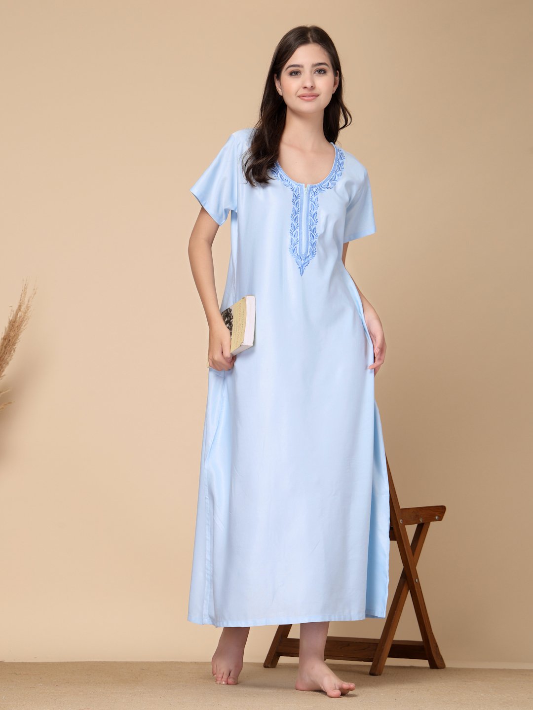 SkyBlue Solid Soft Feel Cotton Blend Maxi