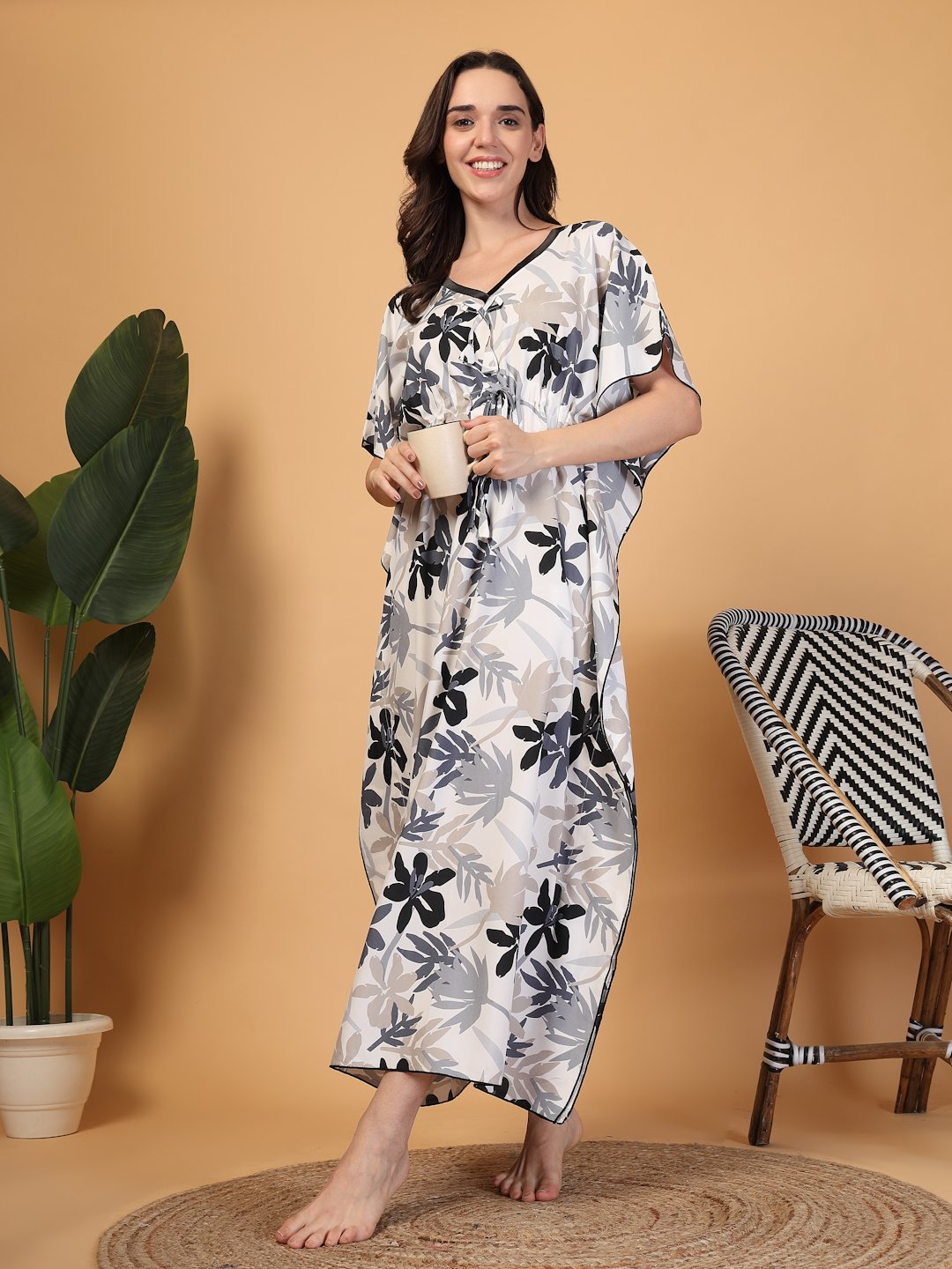 Grey Floral Cotton Blend Kaftan Maxi Nightdress