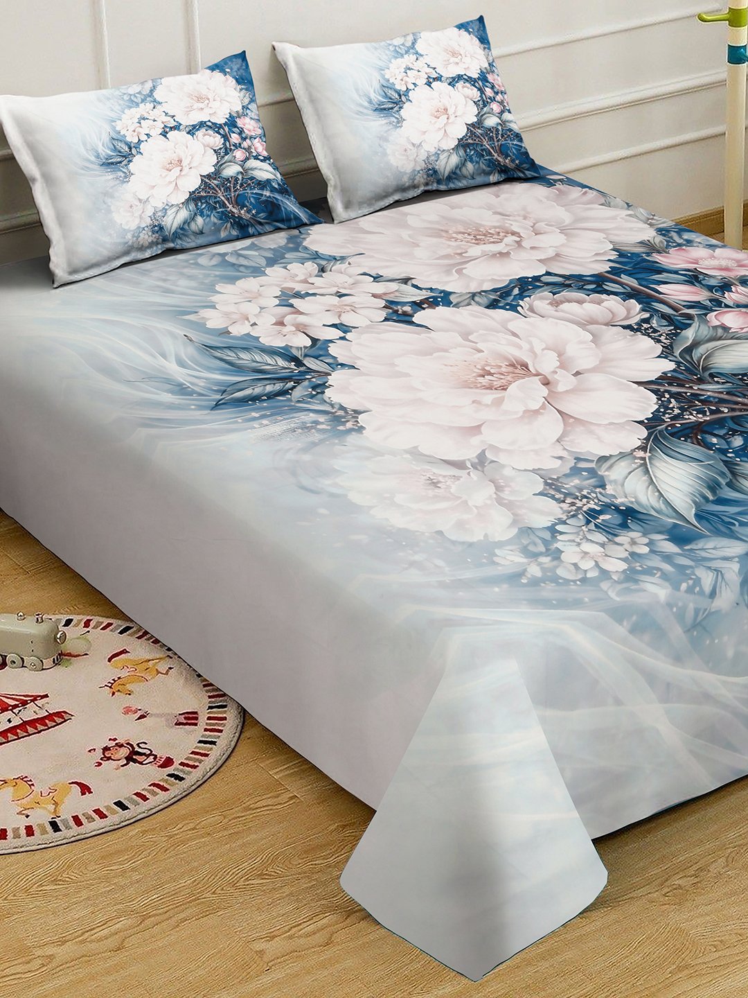 Blue Digital Floral Printed Cotton Blend Double Bedsheet with 2 Pillow Covers