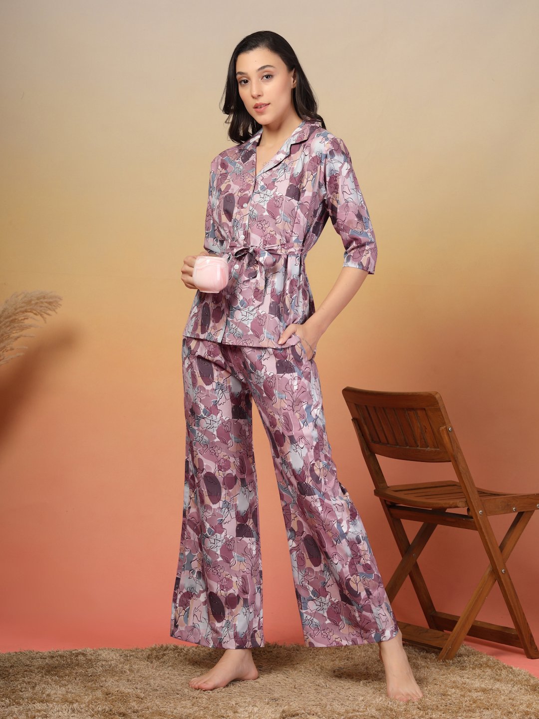 Women Purple Floral Cotton Blend Night Suit with Robe