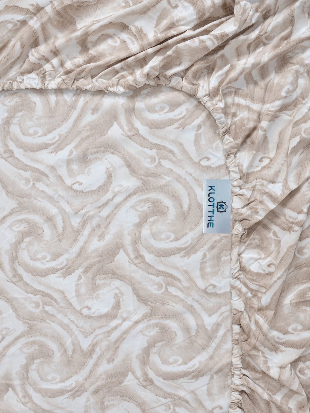 Beige Abstract 300 TC Cotton Blend Fitted Single Bedsheet with Pillow Cover