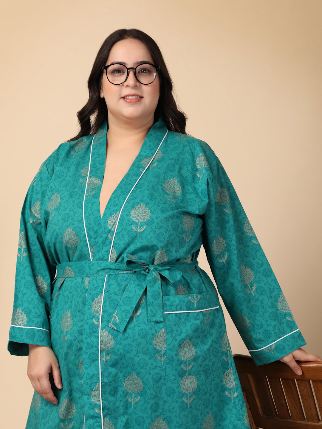 Women Printed Green Floral Plus Size Pure Cotton Bath Robe With Belt