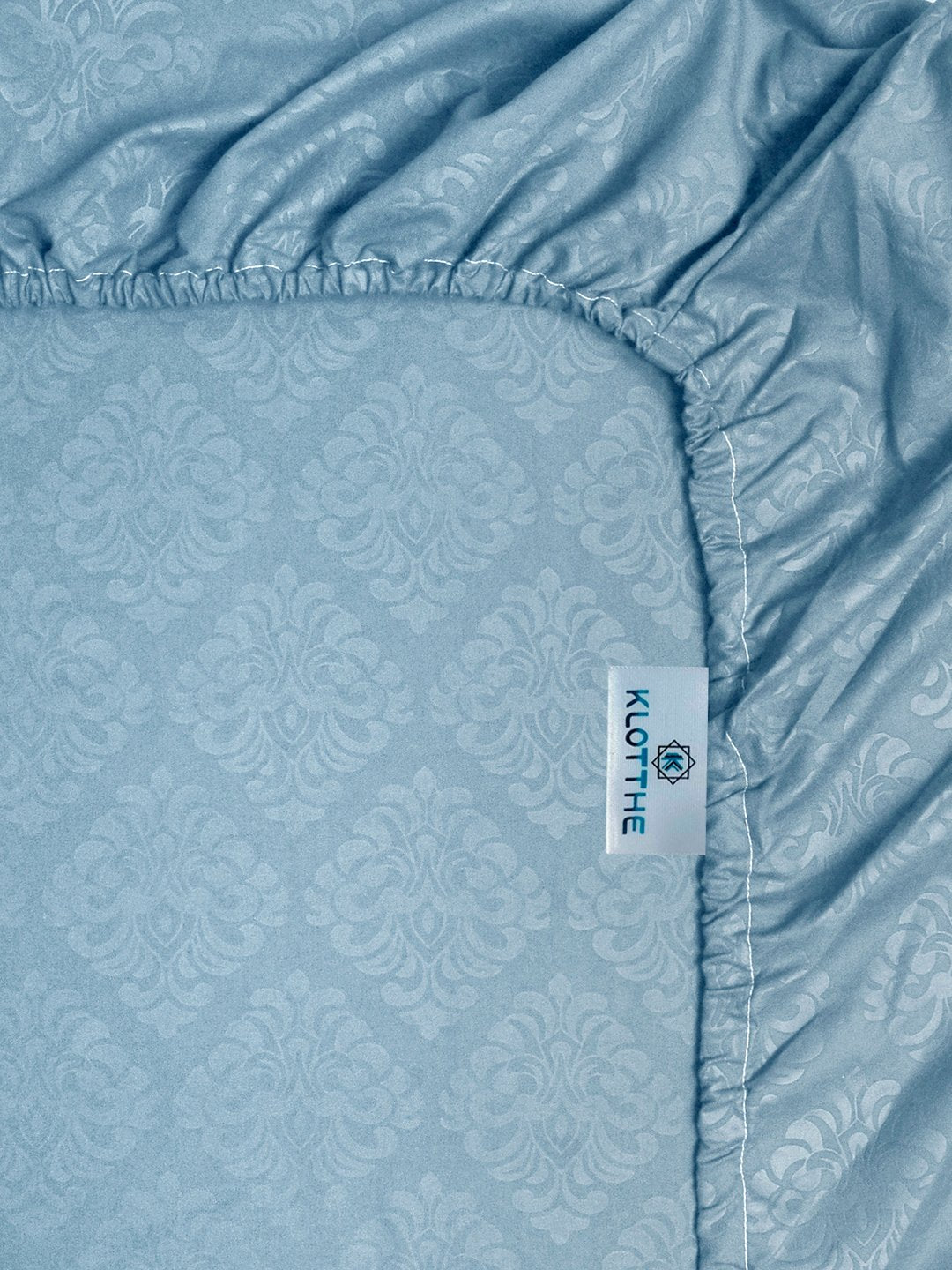 Turquoise Floral Embossed Cotton Blend Fitted Double Bedsheet with 2 Pillow Covers