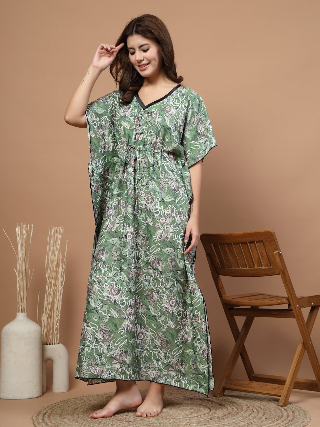 Green Floral Cotton Blend Kaftan Maxi Nightdress
