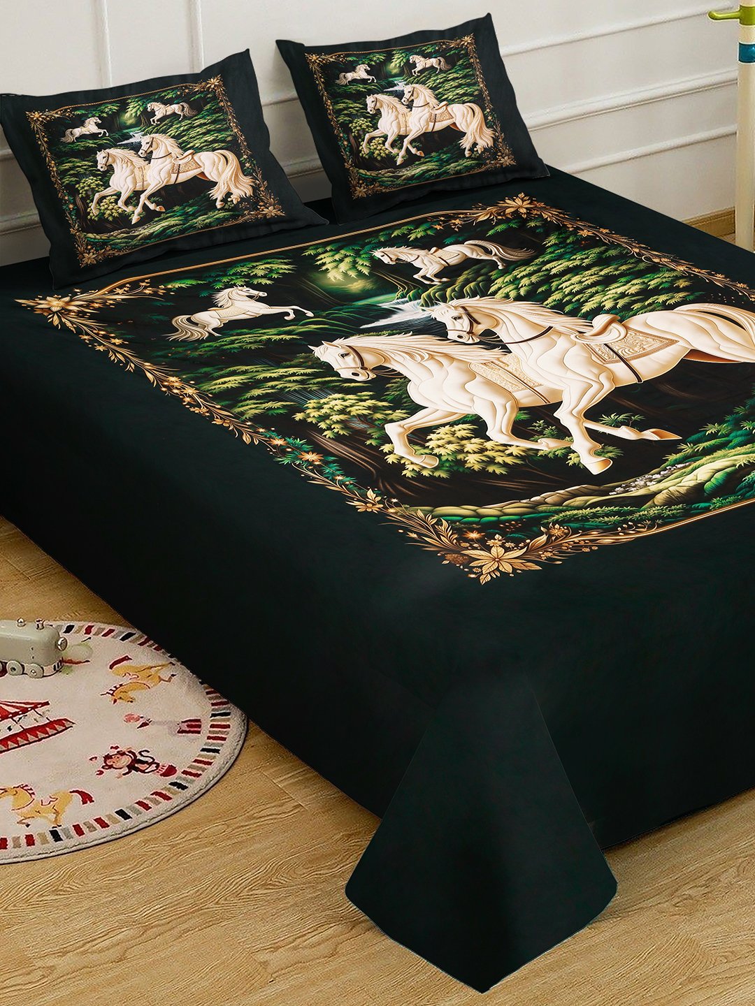Green Digital Animal Printed Cotton Blend Double Bedsheet with 2 Pillow Covers