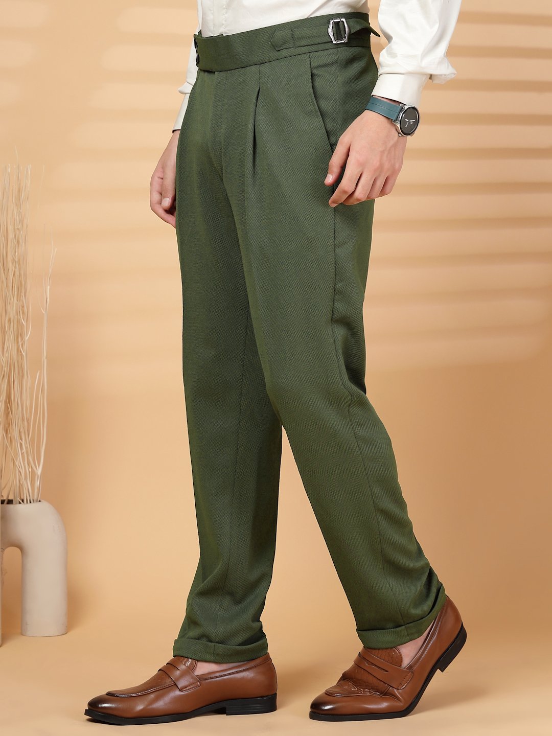 Olive Lycra Cotton Solid Smart Fit Formal Trouser