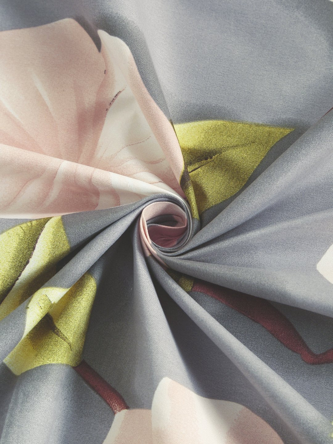 Grey Floral 7D King Size Cotton Blend Fitted Double Bedsheet with 2 Pillow Covers