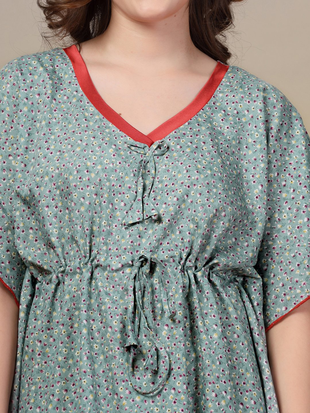 Green Floral Cotton Blend Kaftan Maxi Nightdress