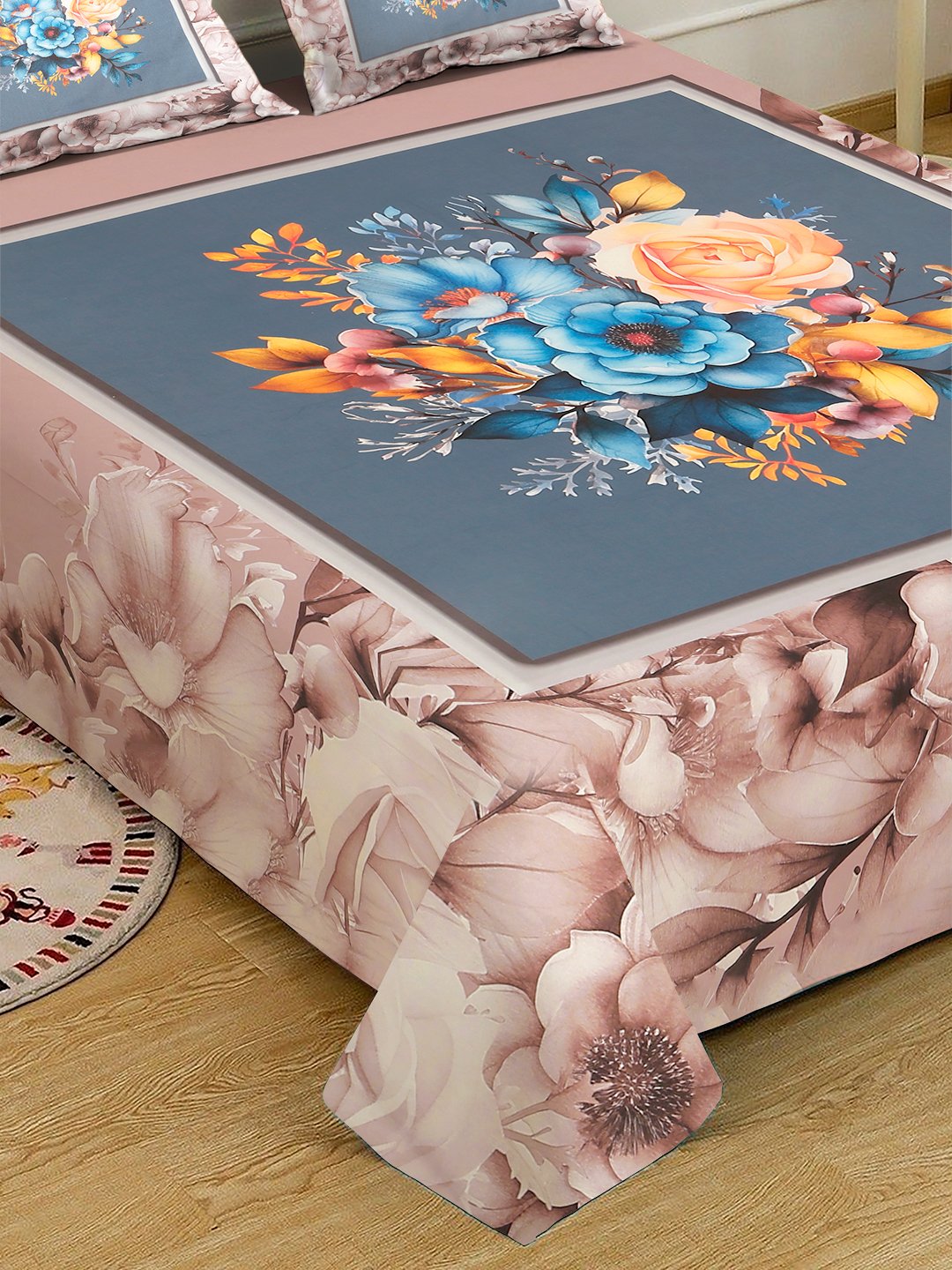 Brown Digital Floral Printed Cotton Blend Double Bedsheet with 2 Pillow Covers
