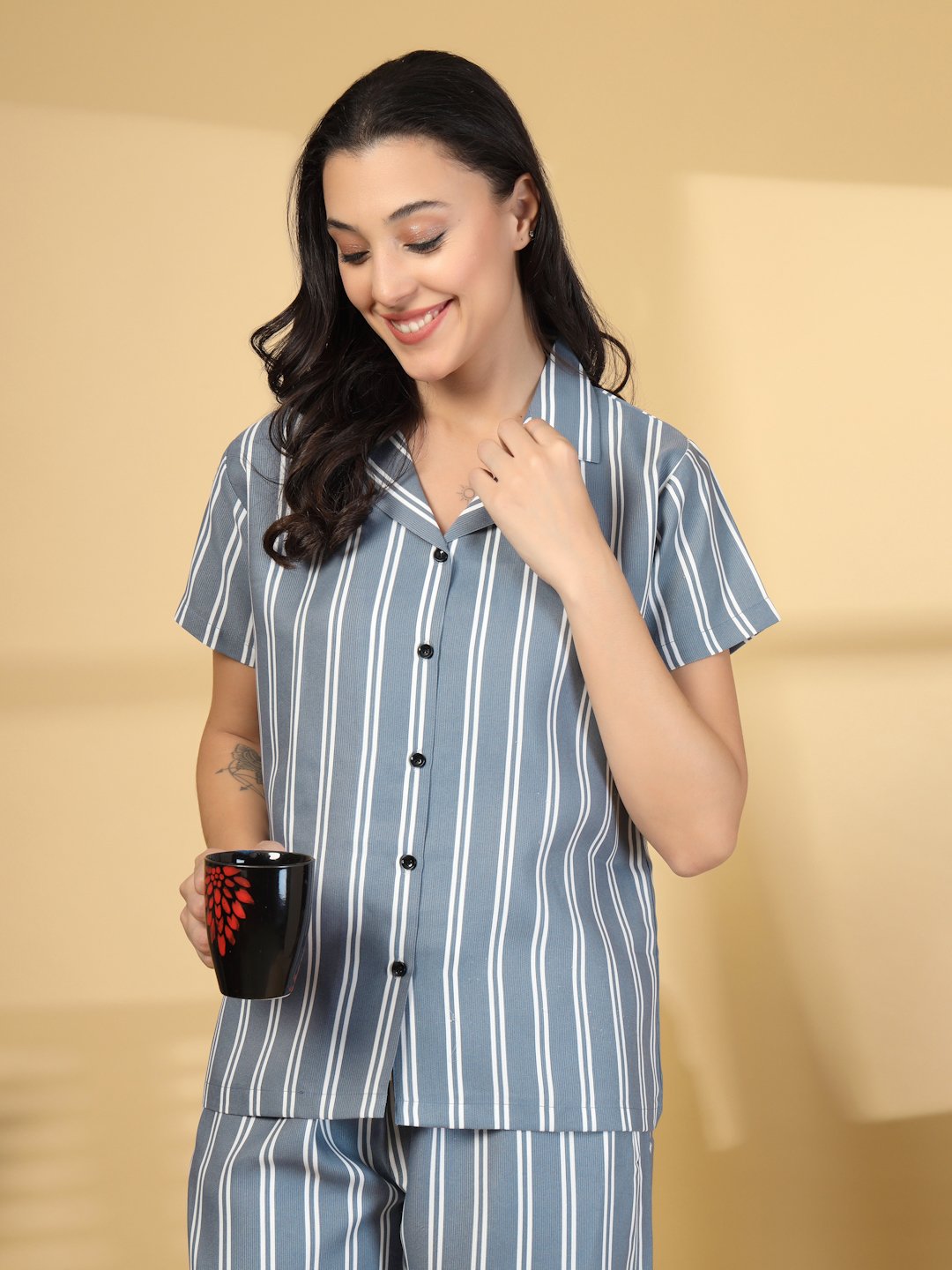 Women Grey Striped Cotton Blend Night Suit