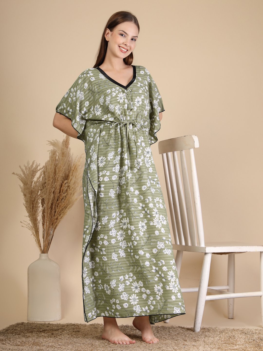 Olive Floral Cotton Blend Kaftan Maxi Nightdress