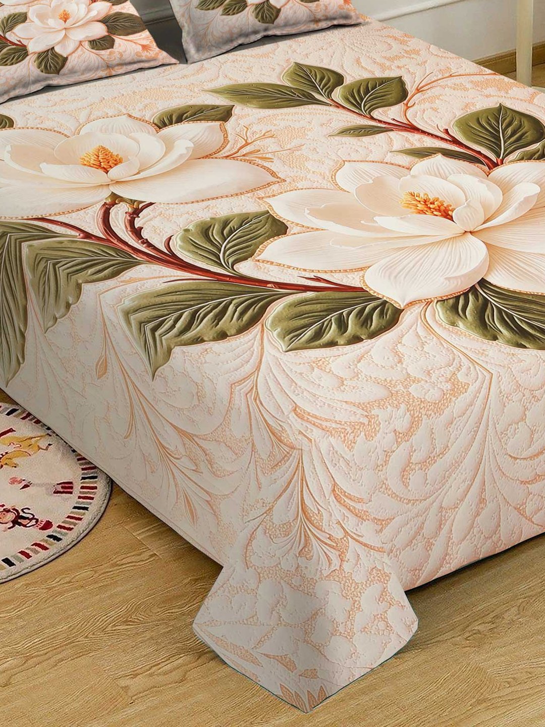 Cream Digital Floral Printed Cotton Blend Double Bedsheet with 2 Pillow Covers