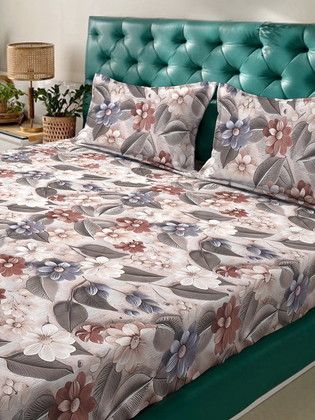 Multi Floral 7D King Size Cotton Blend Fitted Double Bedsheet with 2 Pillow Covers