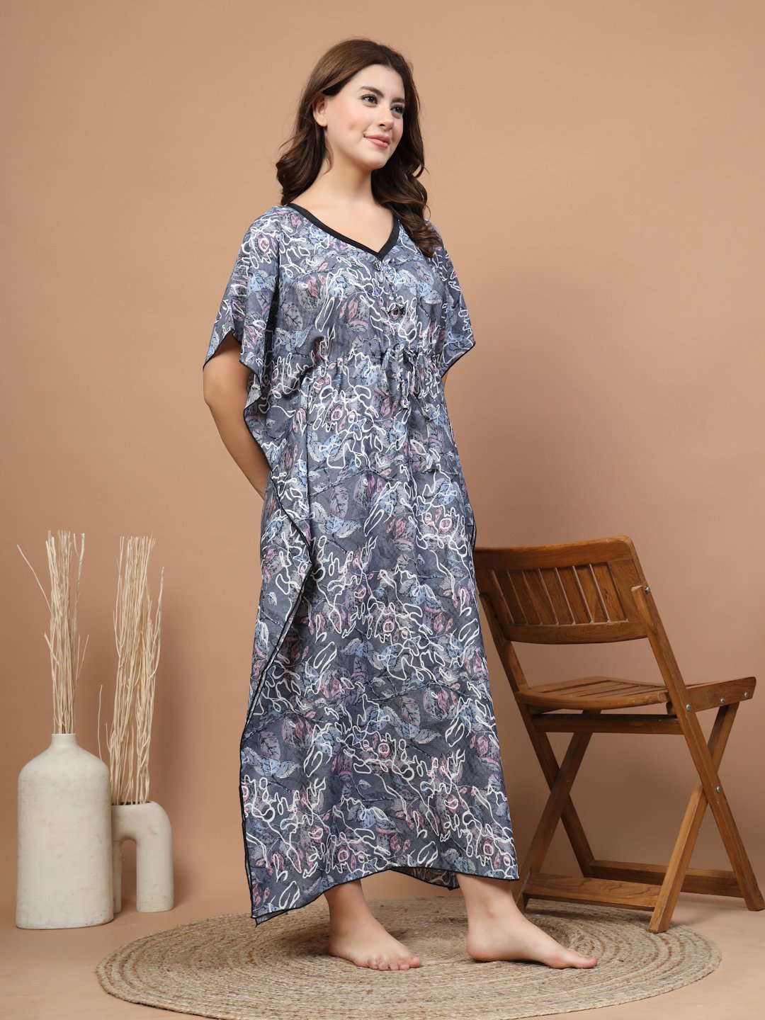 Grey Floral Cotton Blend Kaftan Maxi Nightdress