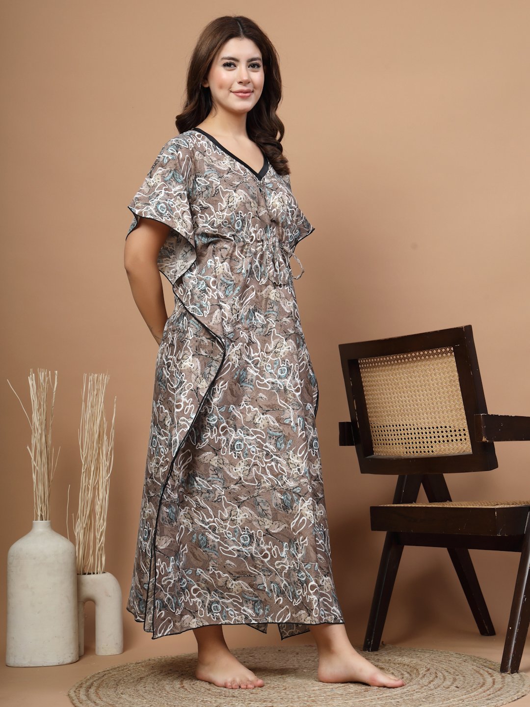 Brown Floral Cotton Blend Kaftan Maxi Nightdress