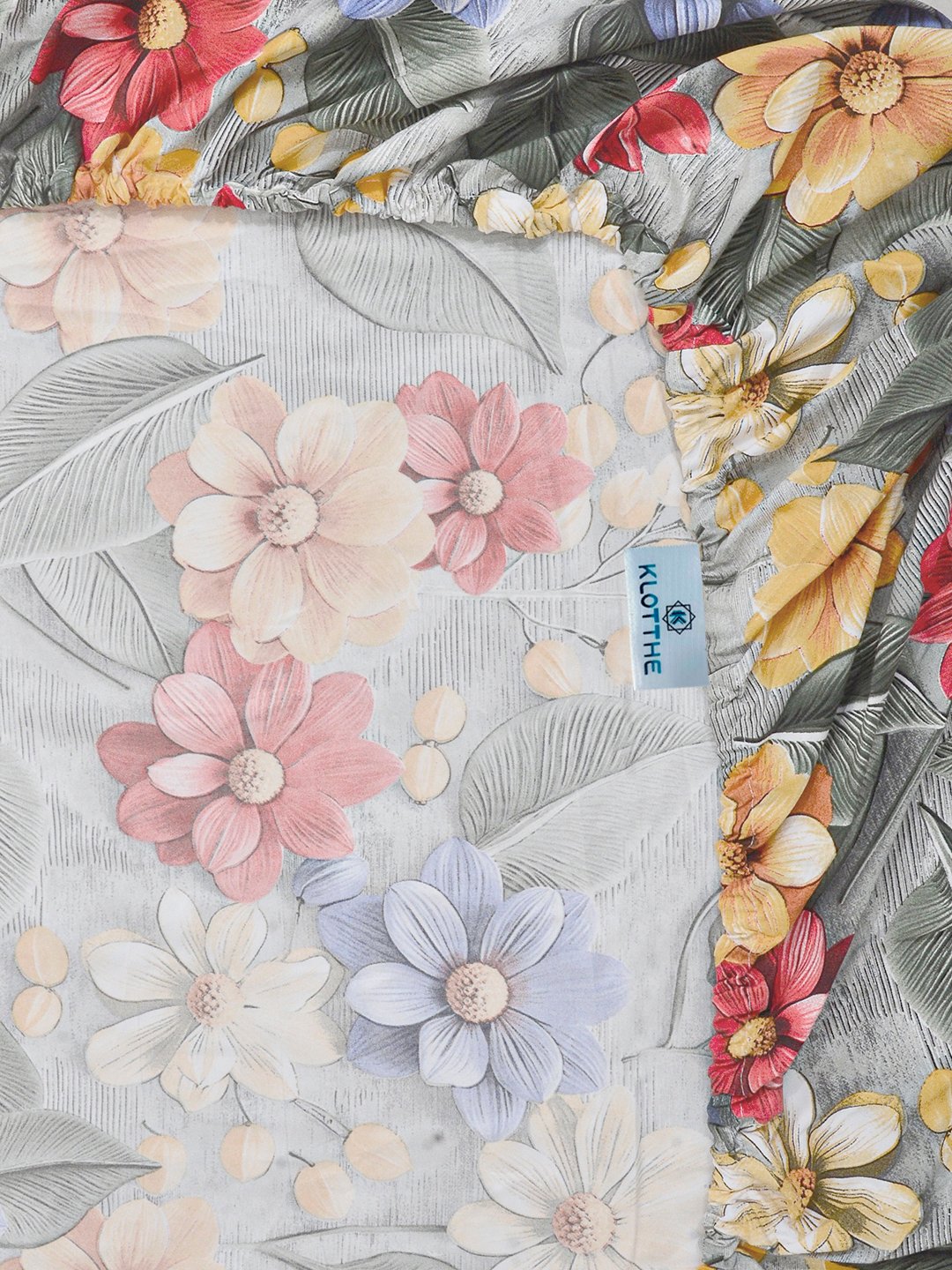 Green Floral 7D King Size Cotton Blend Fitted Double Bedsheet with 2 Pillow Covers