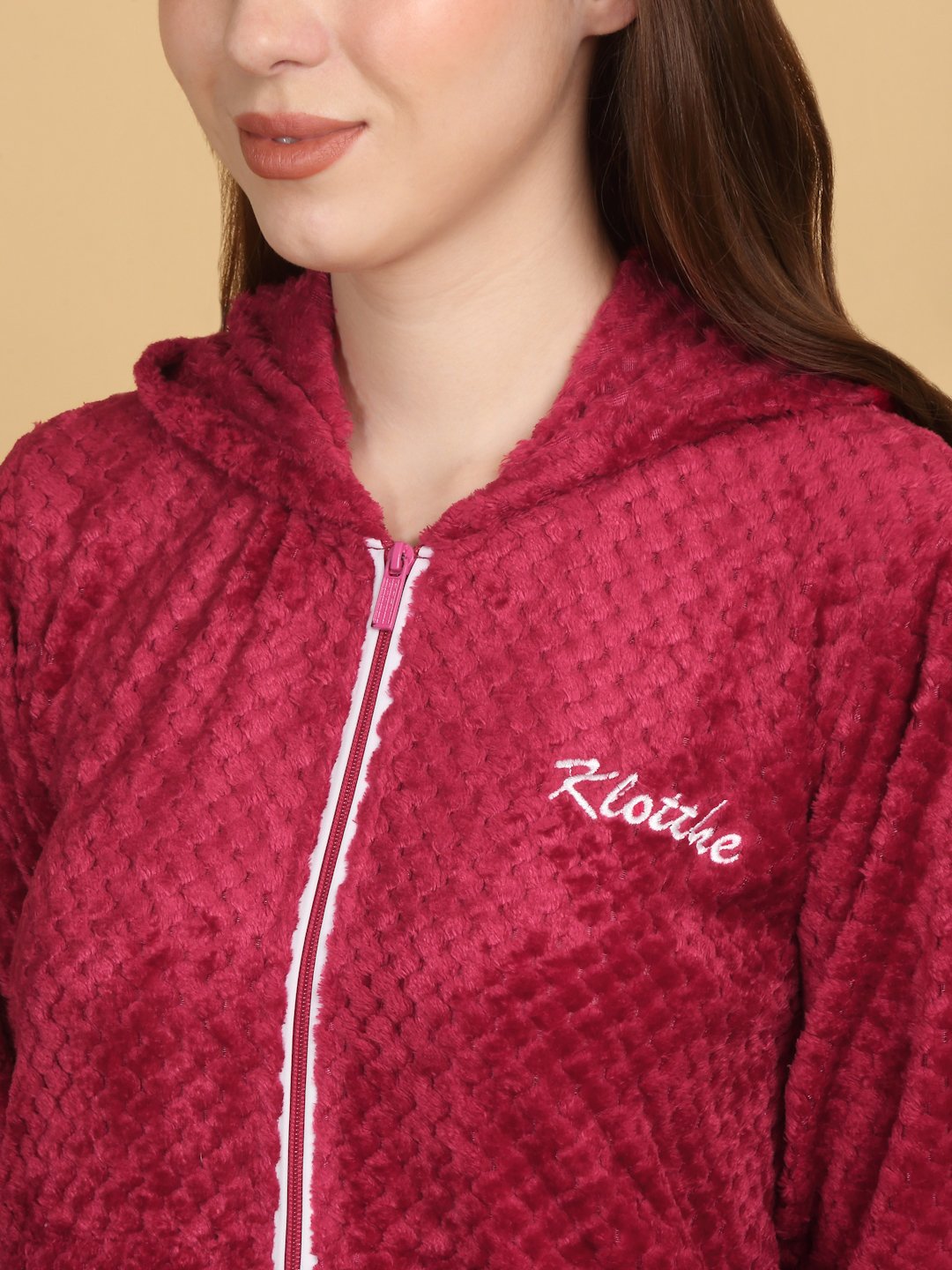 Women Red Solid Hooded Woolen Night Suit