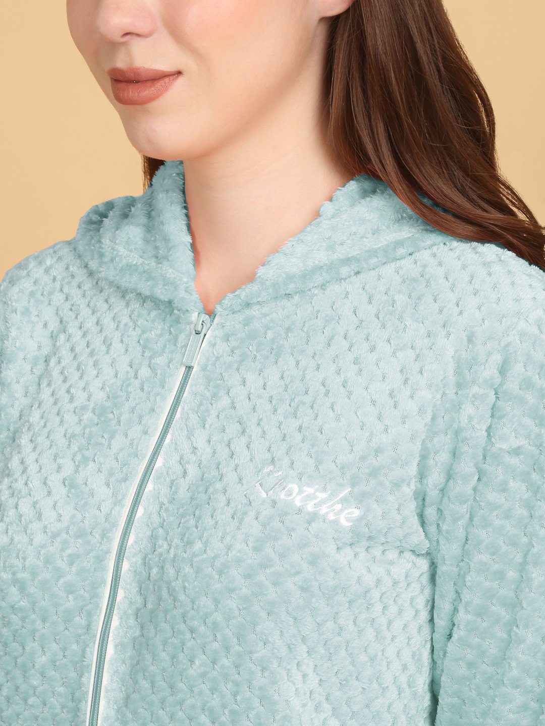 Women Turquoise Solid Hooded Woolen Night Suit