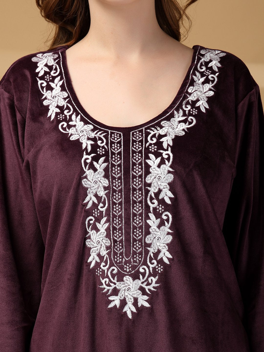 Klotthe Wine Solid Soft touch Velvet Maxi Nightdress